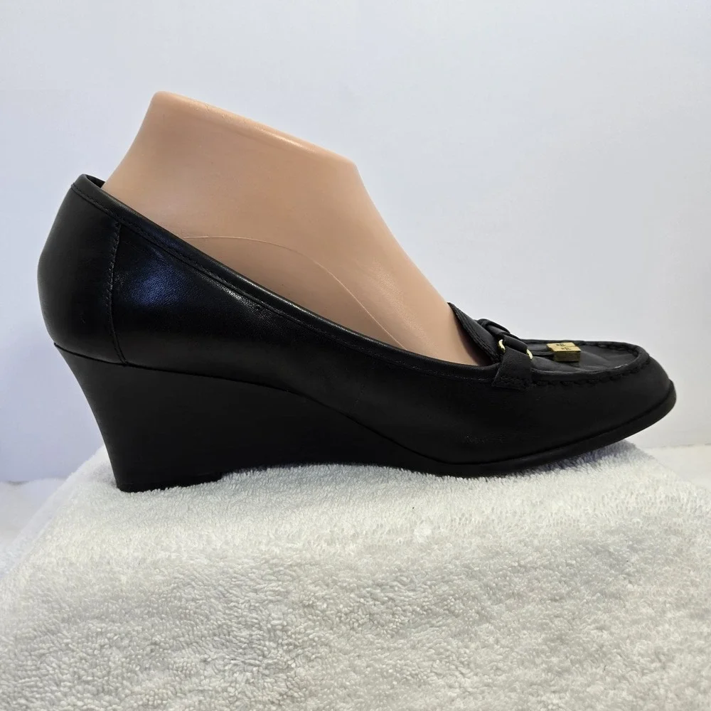 Lauren Ralph Lauren Rory Black  Leather Tassel Loafer Wedge Heels Women 9.5 B